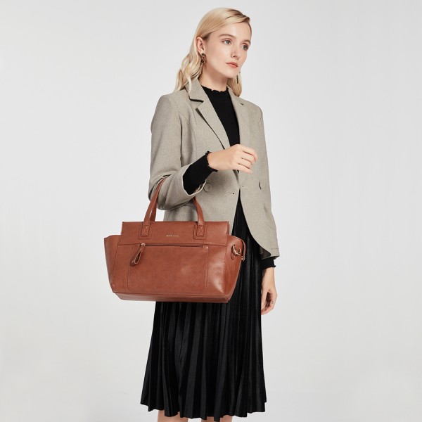 LH6910 - Miss Lulu Leather Look Classic Handbag - Brown